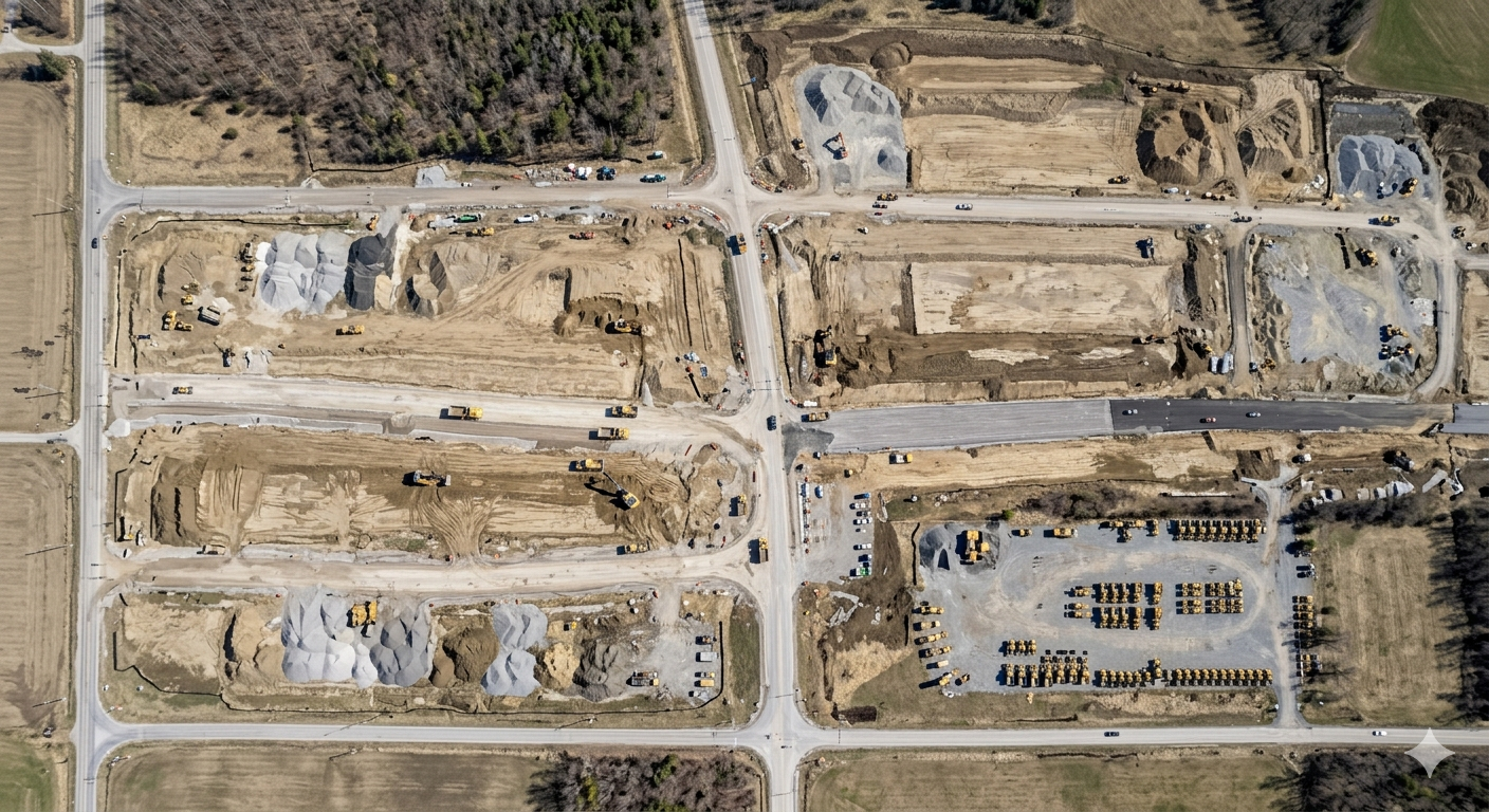 Aerial orthomosaic of active construction site for Monthly Site Intelligence